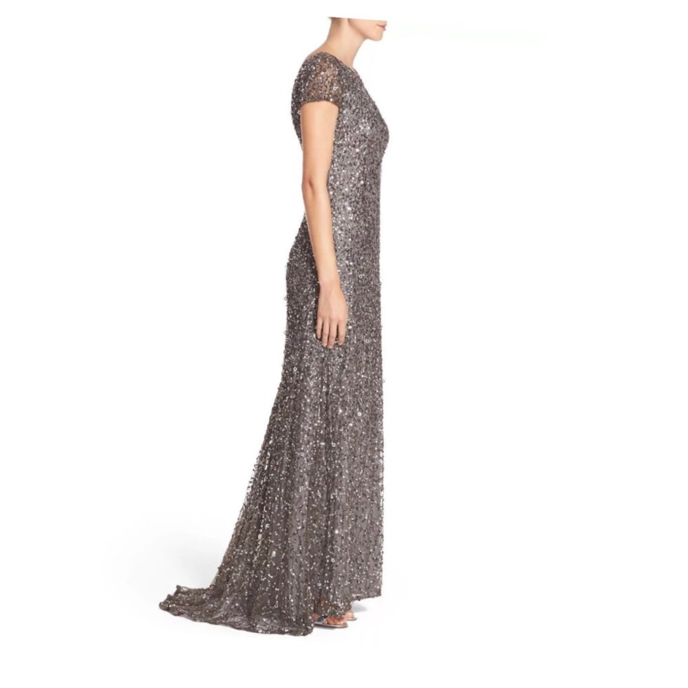 NEW Adrianna Papell Short Sleeve Sequin Mesh Gown - Picture 4 of 8